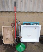 A shower tray, Belfast sink, various tools including a fork, spade, lump hammer, etc. (a quantity)