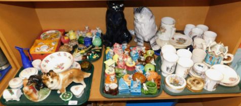 Decorative china, to include animal figures, Royal Memorabilia, two large cats. (5 trays and loose)