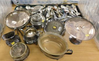 Silver plated wares, to includea teapot, large sugar bowl, milk jug, flatware, etc. (2 trays and lo