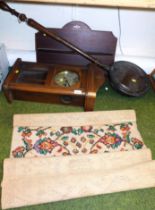 An oak cased wall clock, small rug and bed pan.