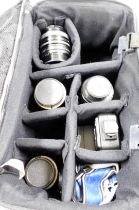 A camera bag containing camera equipment including lenses.