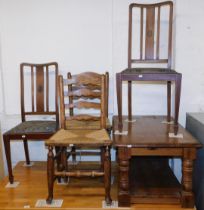 Two ladder back rush seated chairs, pair of mahogany and inlaid chairs, and a small two tiered pine