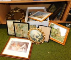 Pictures, mostly landscapes, animal studies etc, and two oval gilt frame mirrors. (12)