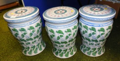 Three oriental design ceramic garden seats.