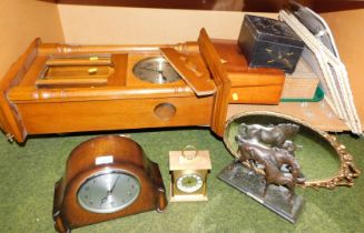 An oak cased Westminster chime mantel clock, carriage clock, bronze figure of horses, writing slope,