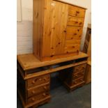 A small pine unit, with door to left hand side and four drawers to right, and a pine kneehole desk,