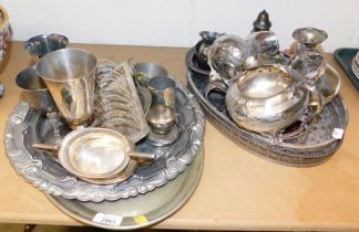Silver plated wares, to include a teapot, milk jug, trays, goblets, toast rack, etc.