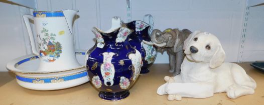 Ceramics, to include wash basin and jug, large jugs, elephant and a small Labrador.