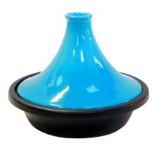 A Le Creuset cast iron and pottery tagine, the flared top in a turquoise glaze, 23cm high.