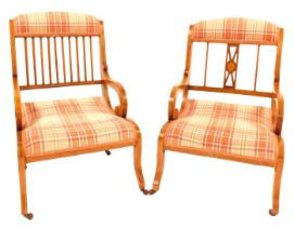 A composite pair of Edwardian mahogany chairs, each with a box wood inlay and upholstered in pink ta