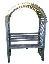 A wooden garden trellis bench, of arched form, 192cm high, 138cm wide.