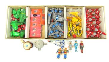 A group of Thunderbirds toys, to include Thunderbird 2, 4, 3, 1, Fab 1 car, etc.