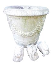 A composition plant pot, of cylindrical tapering form decorated with masks, swags, etc., 52cm high,