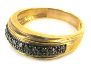 A 9ct gold half hoop dress ring, with two row lacquered finish stones, in claw setting, on a yellow