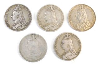 Five Victorian silver crowns, comprising 1889 (3) and 1890 (2), 4.45oz.