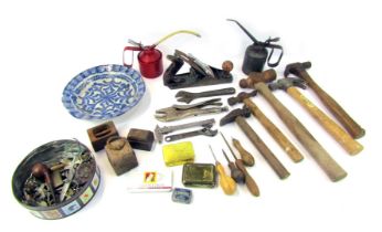 Vintage tools, to include hammers, planes, screwdrivers, box containing keys, pottery blue and white