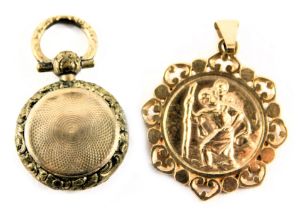 A 9ct gold St Christopher pendant, with petallated border, 2.5cm wide, 3.6g, and a gilt locket penda
