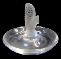 A Lalique glass squirrel pin dish, the perched squirrel on a central column, dish signed to undersid