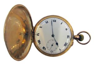 A full hunter pocket watch, with plain design case opening to reveal a white enamel clock face with