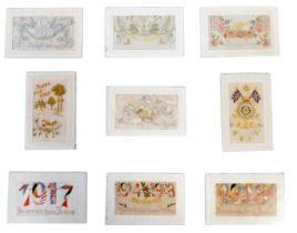 Nine early 20thC silk postcards, to include 1918 souvenir from France, 1917 Souvenir from France, Ho