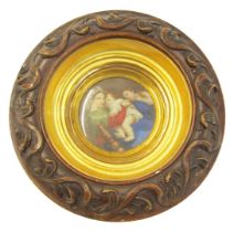 After Raphael. The Madonna della Sedia, watercolour on ivory, 9.5cm diameter, in a carved oak frame.