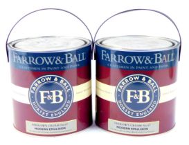 Two tins of Farrow & Ball modern emulsion paint, Farrow's Cream number 67, 2.5 litre. Note: The tins