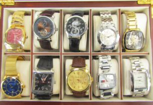 A beech watch case, containing a group of ten gentleman's wristwatches, to include Christin Lars, Mo