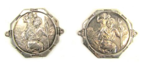 Two mid century silver St Christopher car dashboard badges, Birmingham 1947 and 1953, 1.23oz.
