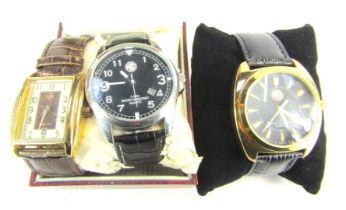 Three MG wristwatches, comprising a stainless steel and gold finish MGB GT wristwatch, with rectangu