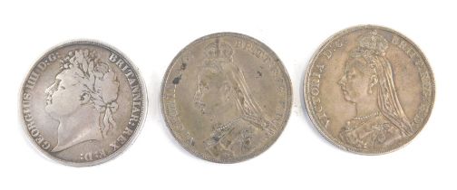 Three 19thC silver crowns, comprising George IV 1822, and two Victorian crowns, 1890 and 1891, 83.5g