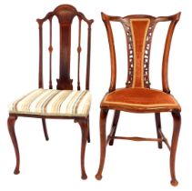 Two Edwardian salon chairs, comprising one with pink dralon seat, 94cm high, and a mahogany chair wi