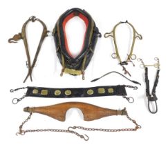 A wooden, leather and brass horse collar, together with hames, further horse related bridlery, a woo