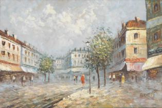 Burnett (20thC School). Parisian street scene, oil on canvas, 61cm x 90cm.