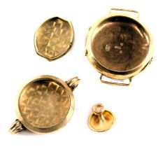 A group of 9ct gold watch cases, and a collar stud, 8.3g. (AF)