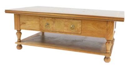 A 20thC hardwood coffee table, in Barker & Stonehouse style, the rectangular top inlaid with section