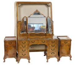 A George II style walnut and burr walnut bedroom suite, comprising dressing table with triple shield