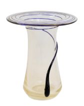 A late 20thC Continental Art Glass vase, of flared and tapering form, with blue trailing decoration,