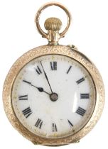 A Continental lady's 12ct gold pocket watch, open faced, keyless wind, with elaborate floral scroll