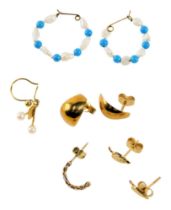 A group of loose single earrings, yellow metal and other, some set with cultured pearl and turquoise