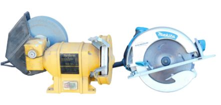 A Makita electric circular saw, together with a Perform Wet & Dry electric bench grinder. (2)