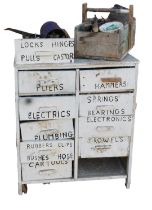 A white painted chest, containing various tool bits, pliers, electric springs, bearings, etc. (a qua
