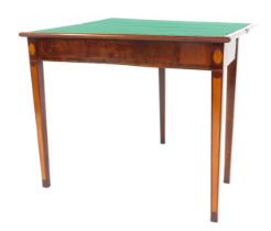 A George III mahogany and line inlaid card table, the hinged lid enclosing a green felt interior, ea