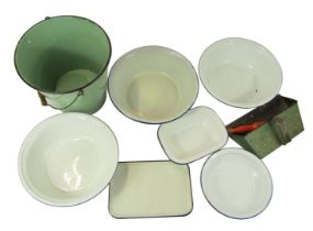 A group of enamel kitchenalia, to include a green enamel bucket, and white enamel bowls with a dark