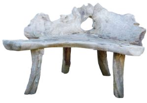 A driftwood bench, with solid seat and back, 83cm high, 111cm wide.