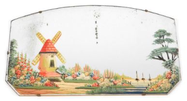 A mid century mirror, of rectangular arched form, painted with a scene depicting windmill, tree, flo