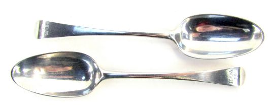 A pair of George III silver Old English pattern serving spoons, possibly London 1771, hall marks rub