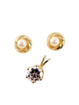 A pair of 9ct gold cultured pearl stud earrings, and a pendant in yellow metal mount set with imitat