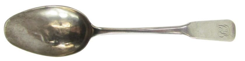 A Victorian Fiddle pattern serving spoon, bearing the initials C B, white metal with faint markings,