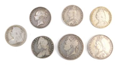 Various 19thC silver coinage, comprising a George II half crown 1746, George IV 1821 crown, Queen Vi