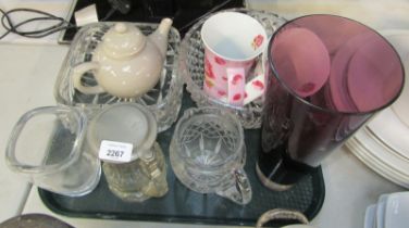 Decorative glass ware, purple stemmed glass vase, mugs, teapot, fruit bowl, etc. (1 tray)